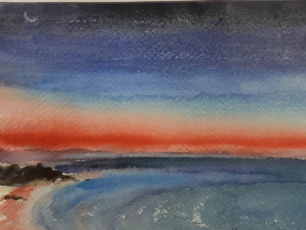 Barbara Tribe (1913-2000), watercolour, New moon at sunset, Forster Beach, New South Wales, signed with label verso, 18 x 28cm